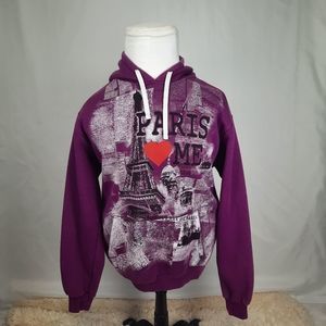 Hello Paris hoodie purple sweatshirt long sleeve  pocket heart women's medium